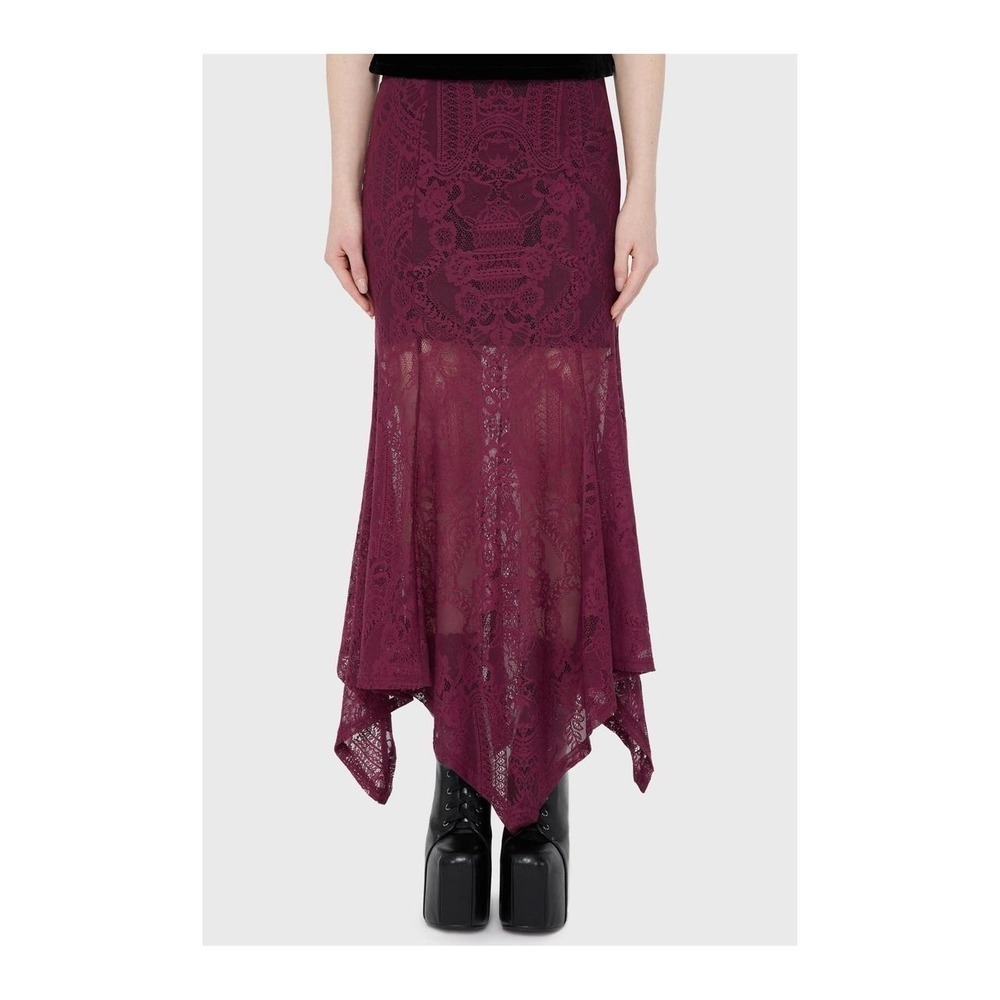 Burgundy Skull Floral Lace Handkerchief Hem Midi Skirt Small